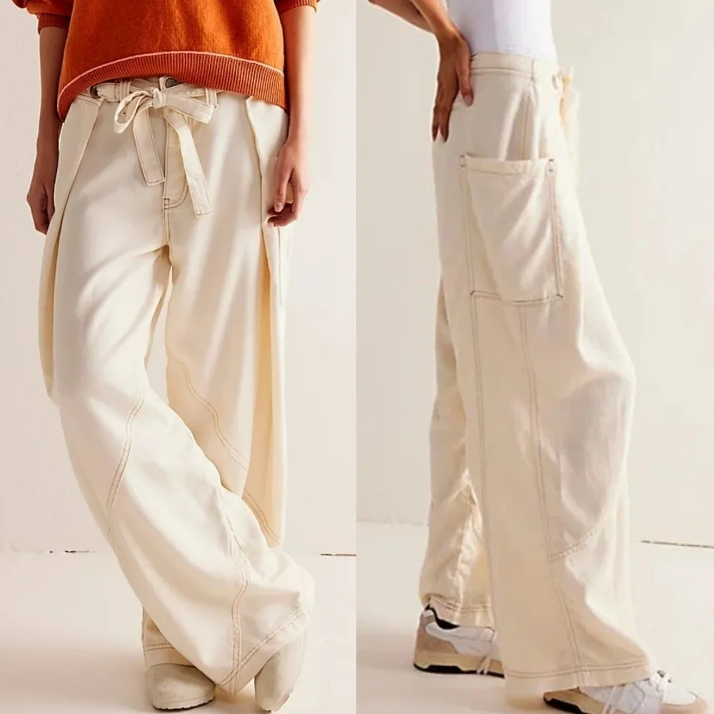 Free People We The Free Boho Slouchy Dunes Wide-Leg Jeans Pants in Ecru Cream 26